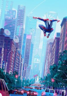 spider - man flying through the air over a busy street in front of tall buildings