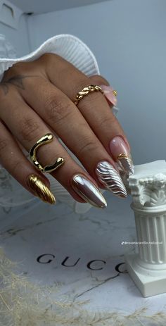 Cute Nye Nails, Gold Silver Nail Art, Gold And Silver Acrylic Nails, Christmas Nails Silver And Gold, Silver And Gold Holiday Nails, Gold And Silver Christmas Nails, Gold And Silver Nails Ideas, Mitch Match Nails, Silver And Gold Christmas Nails