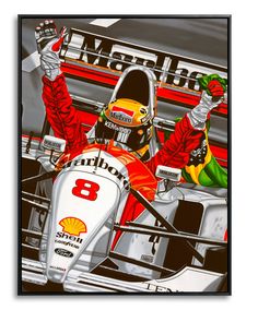 a painting of a race car driver with his arms in the air and two other drivers behind him