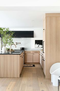 a kitchen with wooden cabinets and black counter tops, along with a potted plant