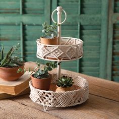 three tiered plant stand with succulents on top