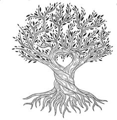 a black and white drawing of a heart shaped tree with roots in the shape of a heart