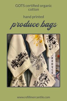 an advertisement with the words go's certified organic cotton hand printed produce bags