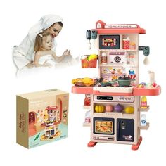 a doll house kitchen with an oven and food