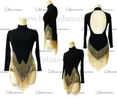 three different styles of black and gold dress with fringes on the bottom, front and back