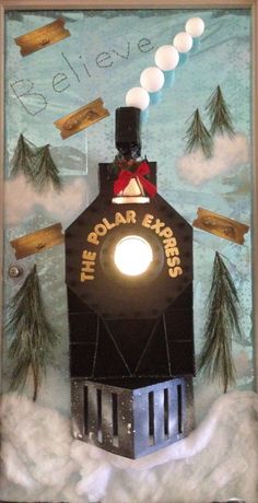 the polar express train is depicted in an art project with snow and trees around it