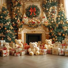 two teddy bears sitting in front of christmas trees with presents under the tree and fireplace