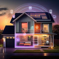 an image of a house that is connected to wifi and has icons above it