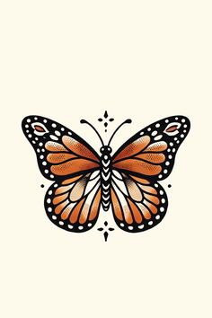 an orange and black butterfly on a white background