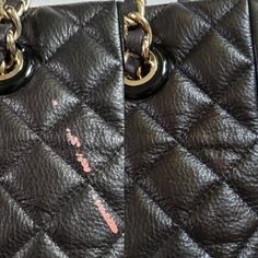 two pictures of a black purse with gold hardwares