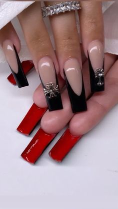 Black Frenchies Nails Long, Black French Red Bottom Nails, Black French Tip Nails Square With Charms, Black Acrylic Nails With Cross Charm, Black French With Red Bottoms, French Tip Nails Red And Black, Black Sets Nails, Black French Tips Red Bottoms, Black French Tip Nails Charms