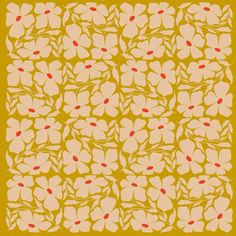 a yellow and white floral design with red dots on the center, in an orange background