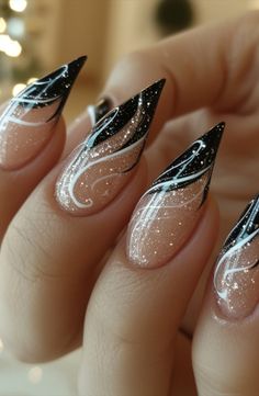 Dive into the trend of Black Nails in 2024! Explore the allure and sophistication of these captivating nail art designs. Elegant Black Nails Classy, Black Sparkly Nails, New Years Eve Nail Art, New Years Eve Nail, Classy Black Nails, Press On Nails Business, Sparkly Nail Designs, Nails Business, Nye Nails