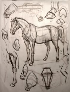 a drawing of a horse standing on top of a table next to other items and objects