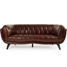 a brown leather couch sitting on top of a wooden frame