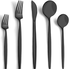 PRICES MAY VARY. 【 UNIQUE SILVERWARE SET 】 Black silverware set is the slender round handle head design which simplifies the bulky stainless steel spoons and forks set but ensuring the durability. The appropriate weight and easy-to-hold handle of flatware set make you can enjoy the food comfortably. And the mysterious matte black appearance, standing out from the ordinary silverware, creates an elegant, noble and luxurious dining scenes. 【PREMIUM BLACK SILVERWARE SET FOR 8 】Black flatware sets a Unique Silverware, Black Silverware, Black Flatware, Spoons And Forks, Flatware Sets, Round Handle, Utensils Set, Kitchen Utensil Set, Head Design