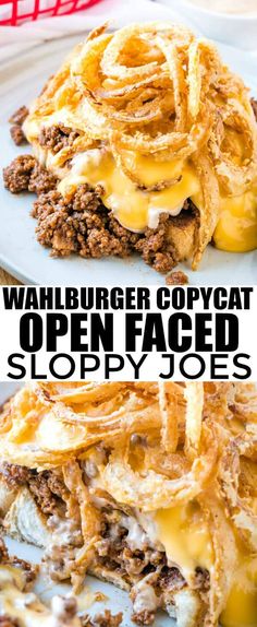 an image of a sandwich with cheese and onion rings on the top, and another photo of hamburger copycat open faced sloppy joes