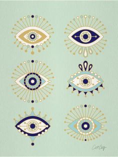 four different types of eye designs on a green background with gold and blue details in the middle