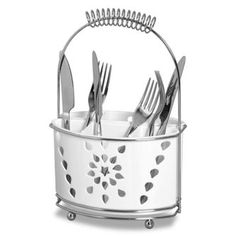 a basket with forks and knives in it on top of a white tableware holder