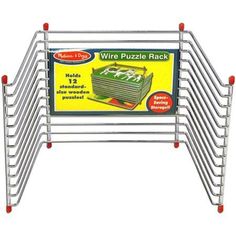 the wire puzzle rack holds 12 pieces of puzzles and has red wheels on each side