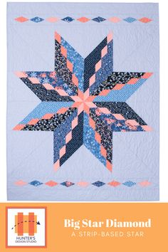 the big star diamond quilt pattern is shown in blue and pink with an orange border