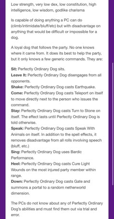 a purple and white poster with words describing the different types of dogs