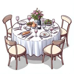 a drawing of a table set for two with plates and wine glasses on the table