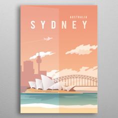 the sydney skyline with an airplane flying in the sky above it - travel poster templates