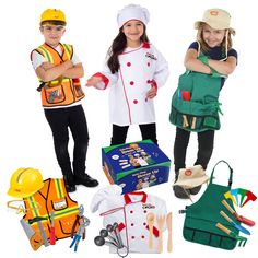 two children dressed in construction gear and holding their hands out to each other while posing for the camera