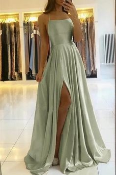 Long Prom Dress with Slit Sage Green Prom Dress, 파티 드레스, Spaghetti Strap Prom Dress, Cute Prom Dresses, Pretty Prom Dresses, Green Prom Dress, Grad Dresses, Evening Party Dress, Long Prom Dress