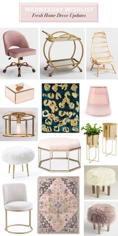 a collage of pink and gold furniture with text overlay that reads, wednesday monday must fresh home decor updates