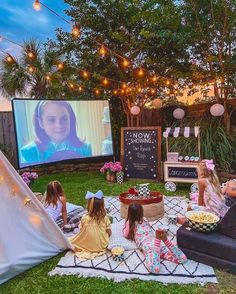 As someone with kids who love movies, then I believe celebrating my 10 year-old’s birthday by having a movie night with her friends would be an excellent idea. Just create a cozy spot in the backyard and have some tents, snack booths, comfy couches and bean bags, and last but not least, the big movie screen.  Source: Pinterest Kids Fun Activities, Pyjamas Party, Backyard Birthday Parties, Backyard Movie Nights, Backyard Birthday, Backyard Movie, Movie Night Party, בר מצווה, Outdoor Movie