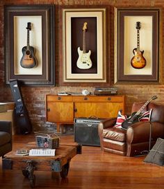 a living room with guitars on the wall and music memorabilia in front of it that reads, no music no life know music know life