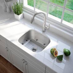 a kitchen sink sitting under a window next to a counter top with fruit on it