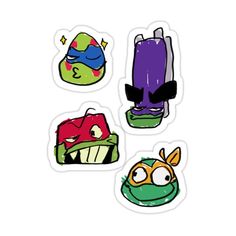 four stickers with different types of items on them, one is purple and the other is green