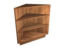 the corner shelf is made out of wood and has two shelves on each side, one with