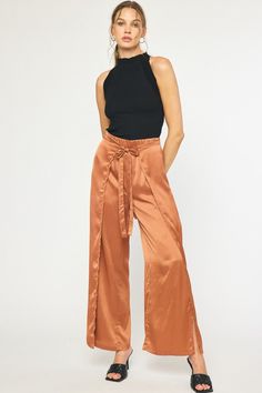 Faux Wrapped Satin Tie Pants | JQ Clothing Co. Satin Straight Pants For Evening, Evening Straight Satin Pants, High-waisted Satin Wide Leg Pants For Evening, Chic High Waist Silk Wide Leg Pants, Chic High-waist Wide Leg Silk Pants, Wide Leg Satin Bottoms For Evening, Glamorous Satin Bottoms For Night Out, Chic Satin Bottoms For Formal Occasions, Chic Silk Pants For Night Out