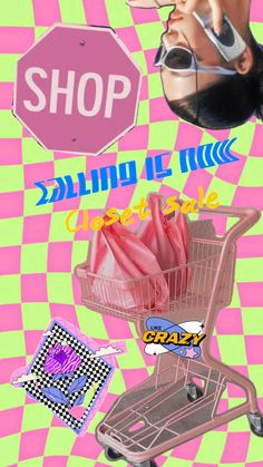 an advertisement for a clothing store featuring a shopping cart with clothes in it and the words shop