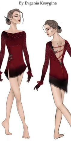 a drawing of a woman in a red dress with long sleeves and laces on it