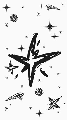 a black and white drawing of an airplane flying through the sky with stars around it