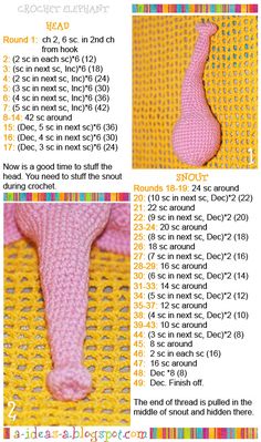 the instructions for crochet elephant baby booties are shown in pink and yellow