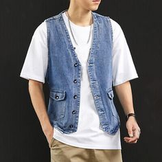 Great Shopping Mens Casual Denim Waistcoat Vest Sleeveless Jean Jackets Work Coat Retro Outwear, Mens Coats Jackets Jean Jacket Vest Outfits, Denim Vest Men, Vest Outfits Men, Jean Jacket Styles, Sleeveless Jean Jackets, Denim Waistcoat, Jean Jacket Vest, Work Coat, Y2k Men