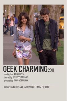 a poster for the movie geek charming with two people standing next to each other on a sidewalk