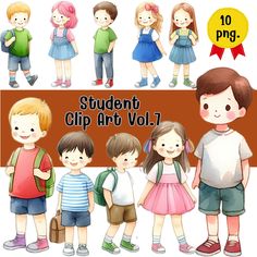 a group of children standing next to each other with the words student clip art vol 1