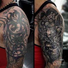 two different tattoos on the arms and arm, one with skulls and dragon designs in black ink