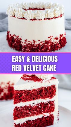 red velvet cake with white frosting and sprinkles on the top layer