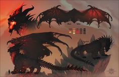 three dragon like creatures with red lights in their eyes