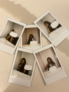 four polaroid photos of a woman holding a cake