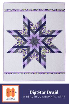 the big star braid quilt pattern is shown in purple and white, with an image of a