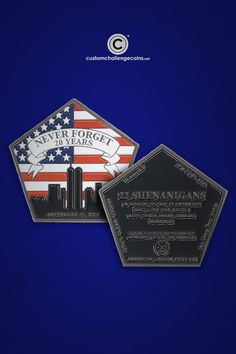 two metal plaques with an american flag on them